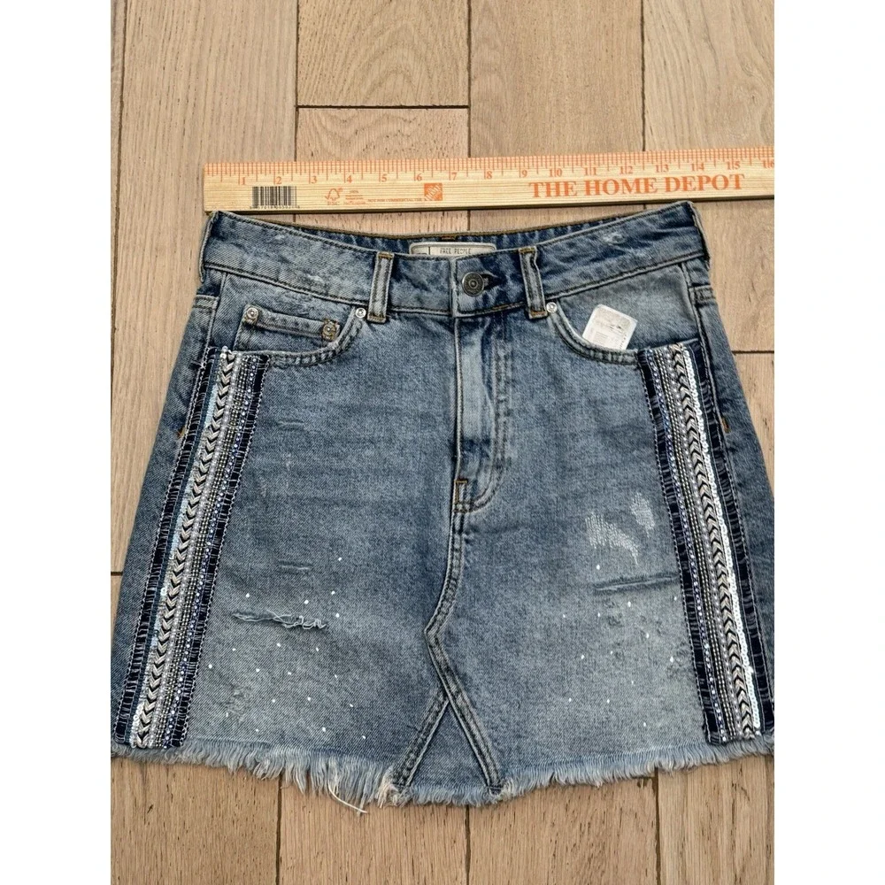 NWT Free People Beaded‎ Sequin Western Cowgirl Distressed Denim Mini Skirt Sz 0